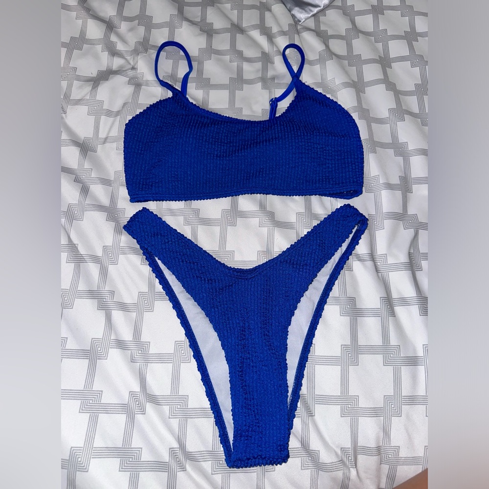 blue two piece ribbed bikini